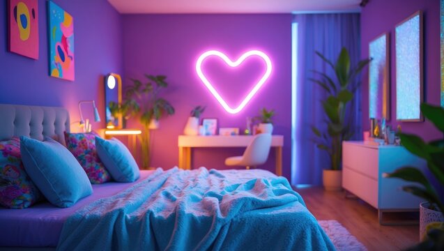Girls' room decor with neon lighting over a snug bed and artistic design space