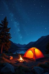 Tent pitched near a vibrant campfire under a starlit sky , vacation, camp