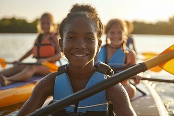 Smiling african young girl kayaking with friends on sunny lake