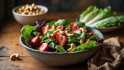 Lettuce salad featuring apples, strawberries, and cashew nuts