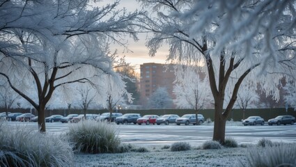 Dawn casts its light over a peaceful landscape filled with frost-kissed trees in a winter wonderland
