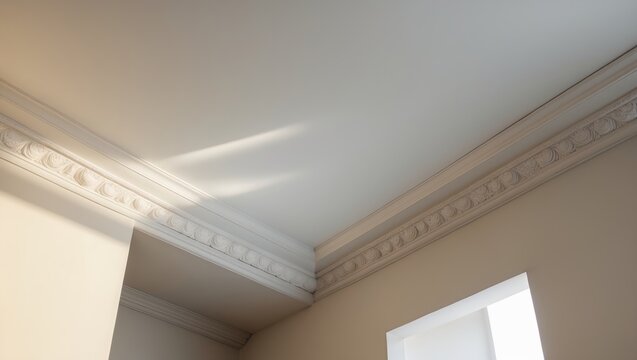 Corner ceiling cornice featuring detailed intricate molding.