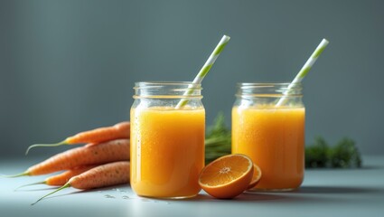 Bottled fresh carrot juice against a backdrop