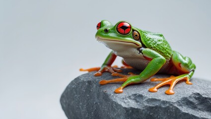 Obraz premium A frog peering over a rock in a close-up shot against a white background