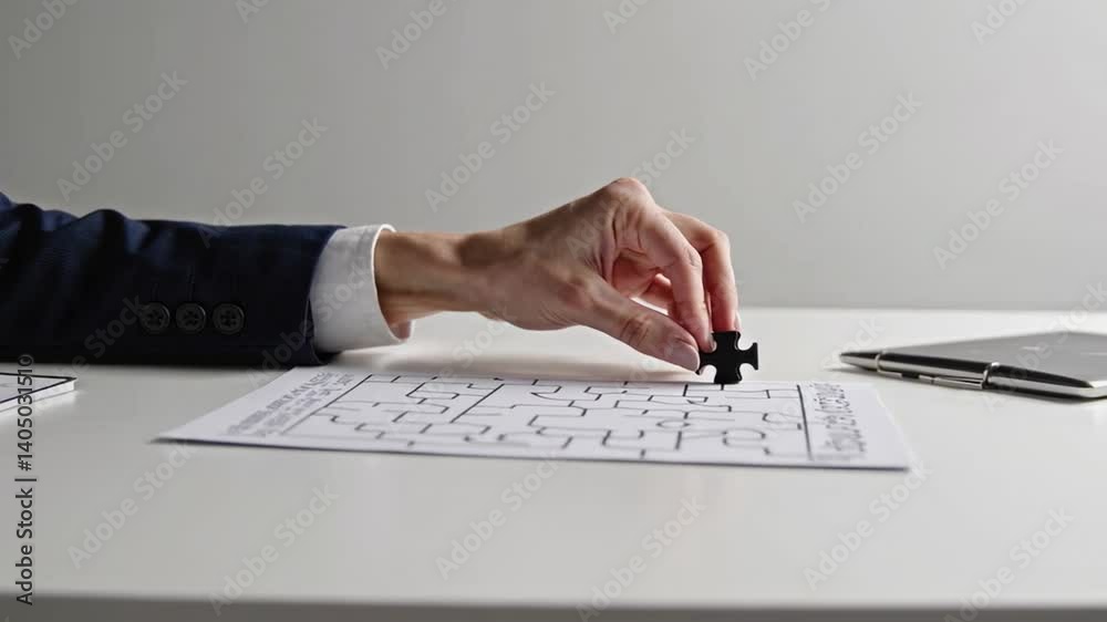 Poster businessman in a suit places the last piece of a puzzle, solving a maze printed on a sheet of paper 
