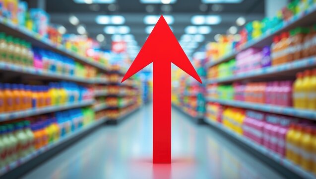 Scarlet arrow pointing downwards on an abstract blurry backdrop. Charts and bar graphs. Escalating food prices. Inflation idea. Retail industry. Market analysis. Declining sales. Economic downturn.