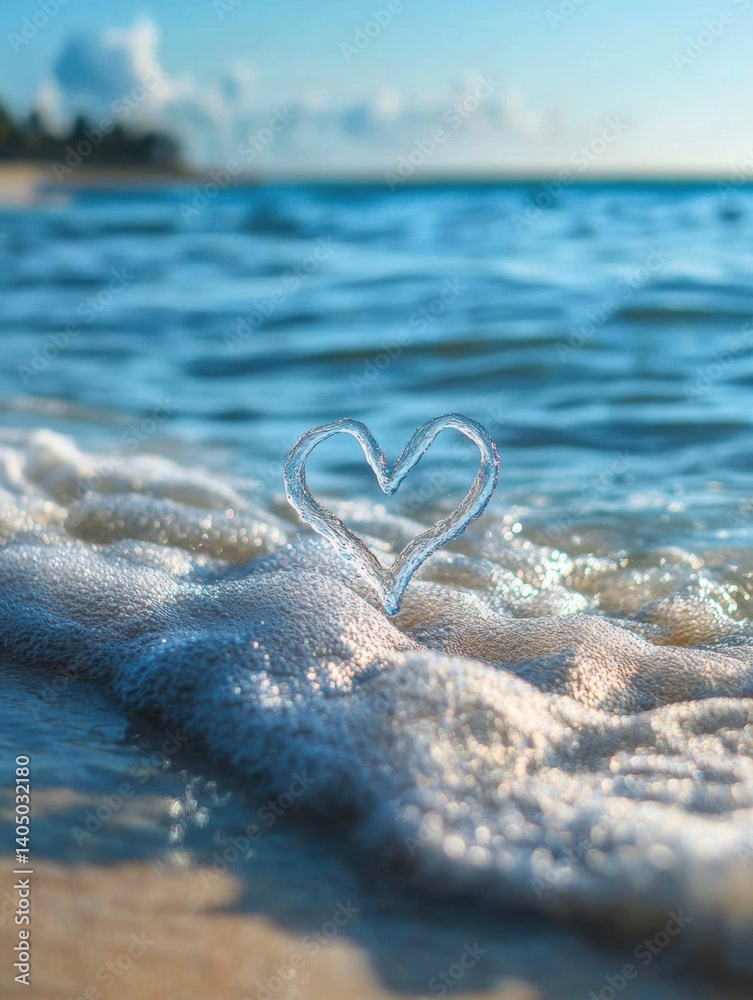 Poster ocean waves create heartbeat line symbolizing life and connection with water at sunset