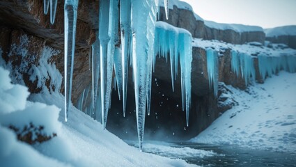 Frozen cascade in front of a cavern within the cliffs