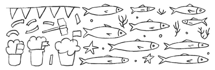 Santos populares festival monochrome elements. Manjerico, hammer and garland with sardines hand drawn set. Fishes line doodle set. Vector illustration isolated on white background.