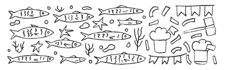Fishes line doodle set. Sardines hand drawn scribble School of fish in the sea. Vector monochrome nautical illustration by pencil isolated on white background. Crayon or chalk naive underwater life.