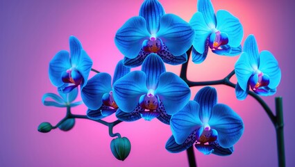 Gorgeous blue orchid flower on a pink surface, detailed view