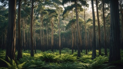 Panoramic view of a forest featuring tall narrow trees with textured bark and lush green ferns and bracken undergrowth
