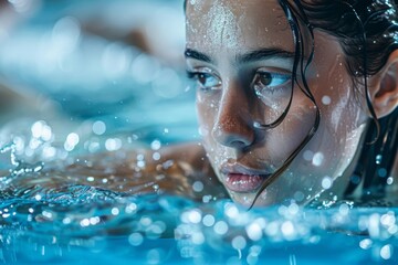 Young caucasian female swimmer focused in pool with water droplets and reflections