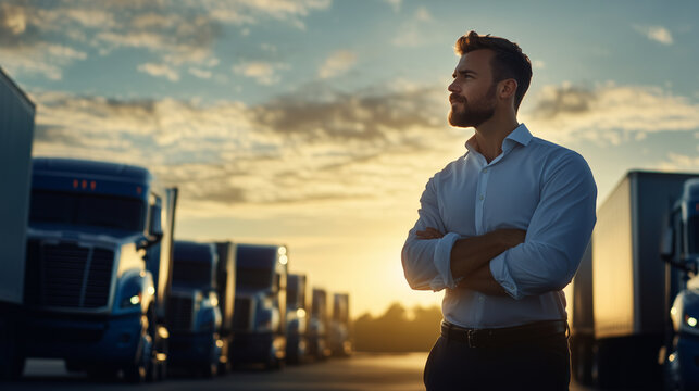 Boss of delivery company stands confidently near semis, wind flutters shirt sleeves, metal of blue trucks gleams under morning sun