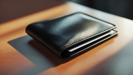Detailed View of a Minimalist Black Modern Wallet on Table Surface