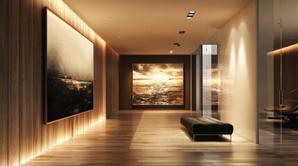 Fototapeta premium A modern corridor designed with minimalist aesthetics and frameless art.