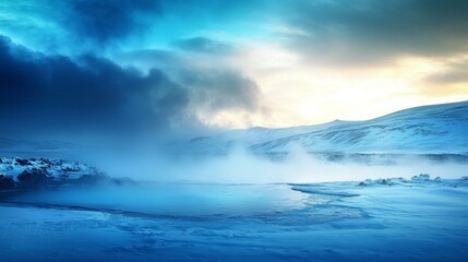 Fototapeta premium The enchanting sight of steam wafting over a snow-covered field near a hot spring.