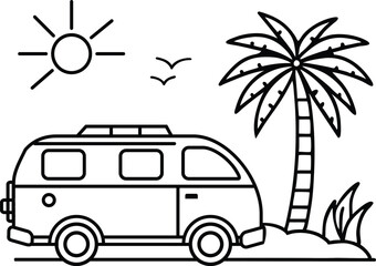 Beach-themed coloring page featuring a vintage van parked on sandy shores