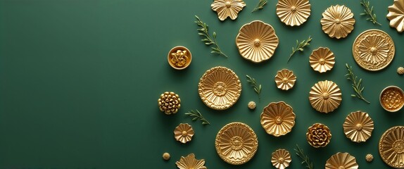 gold embossed textures on green plain background for wide banner design