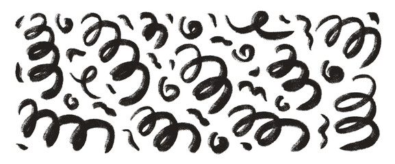 Charcoal scribble wavy shapes background. Squiggle hand drawn confetti set. Vector black thick grunge crayon brush strokes lines. Curve and swirls vector doodle elements. Curly ink brush spirals.