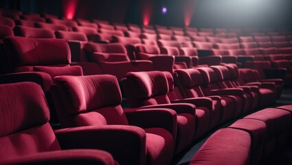 Fototapeta premium Interior of auditorium captured in close-up with lines of red seating. Horizontal shot