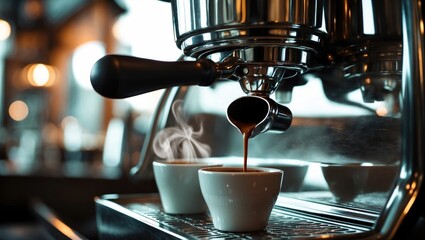 Espresso close-up during pouring. Masterful coffee brewing