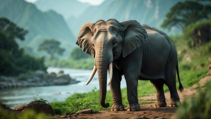 Fototapeta premium Asian Elephant stepping forward to start its charge