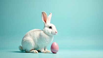 White bunny sitting next to pink decorative egg on blue background