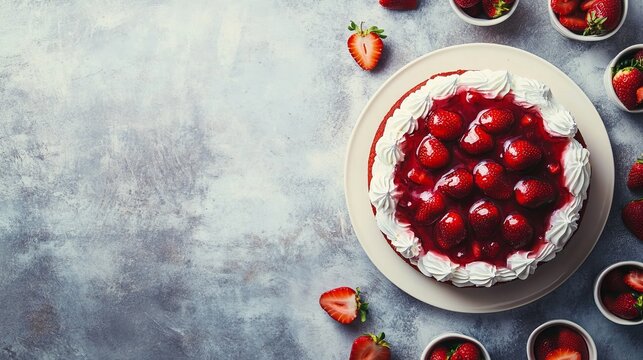 Elegant flat lay of strawberry cake topped with fresh strawberries creamy vanilla frosting on ivory plate. Surrounded by sliced berries in bowls on concrete background with soft light textured shadows