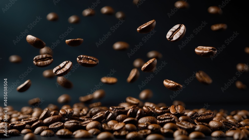 Poster a multitude of airborne coffee beans on a dark background