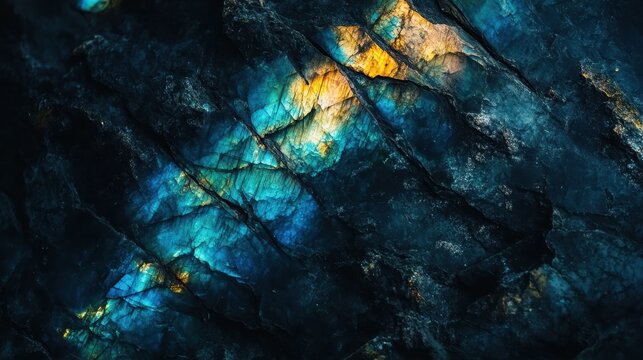 Enchanting light play in labradorite showcasing iridescent blues, greens, and golds atop a dark stone base