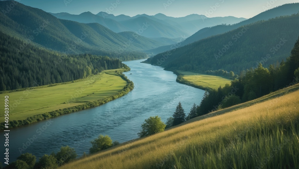 Poster aerial view of lake bound by lush forest and mountain ranges, viewed from roadway in the region on a