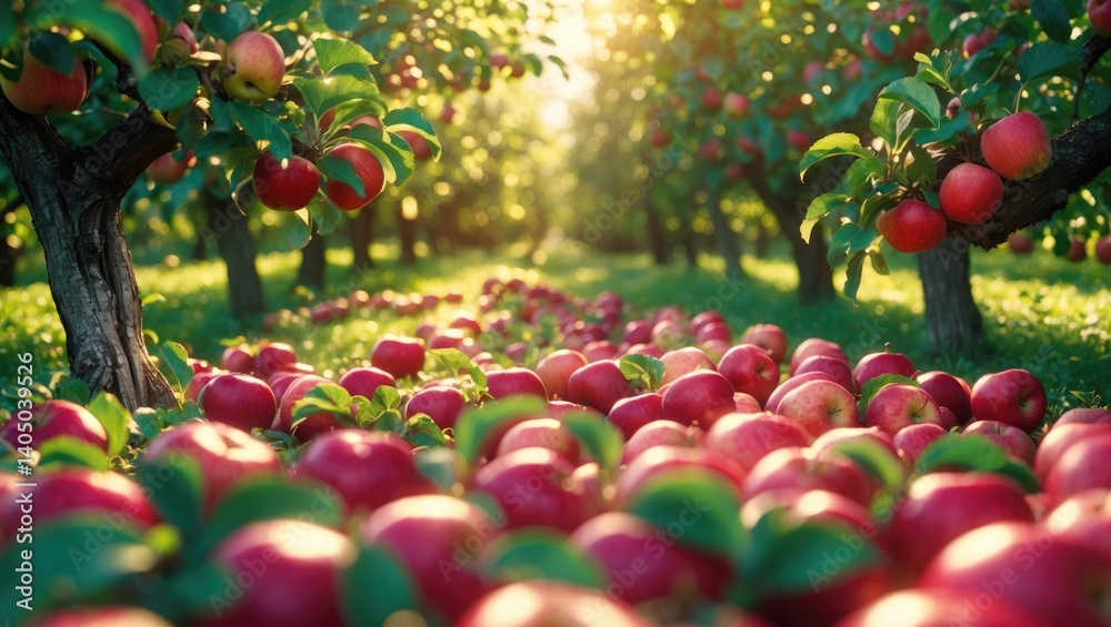 Aufkleber abundant ripe red apples ready for picking on tree.