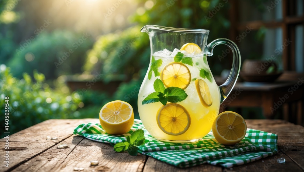 Aufkleber Table display of lemonade pitcher containing lemon, mint, and ice. Area available for text
