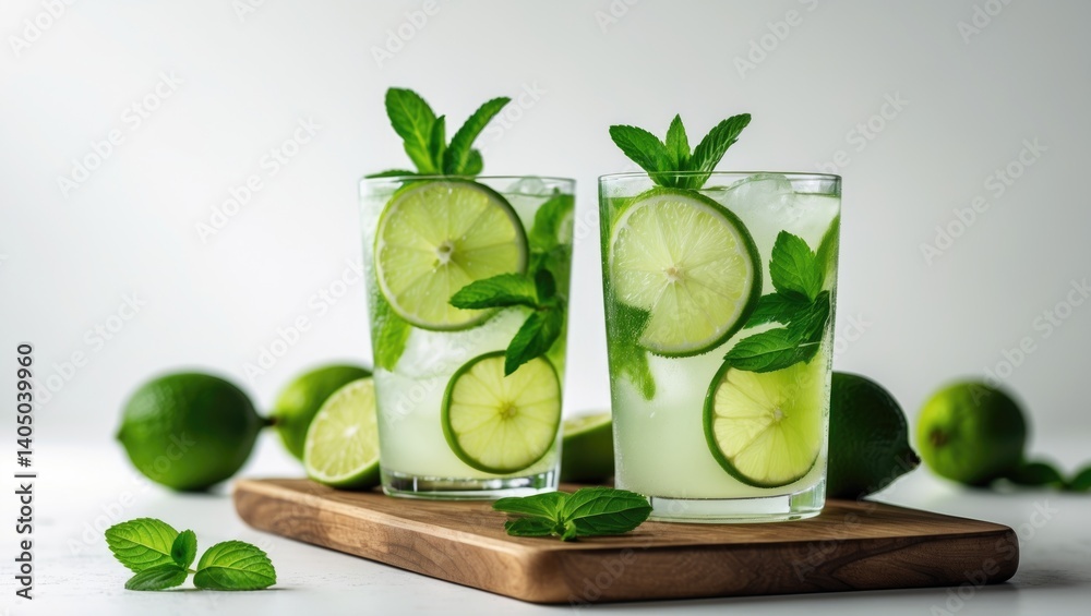 Poster lemonade featuring lime slices and mint on isolated white background