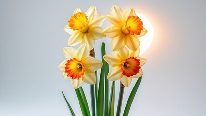 Studio Photograph of Yellow Daffodil Blooms Set Against a White Background. Deep Focus. Macro Shot. Emblem of Self-love and Respect.