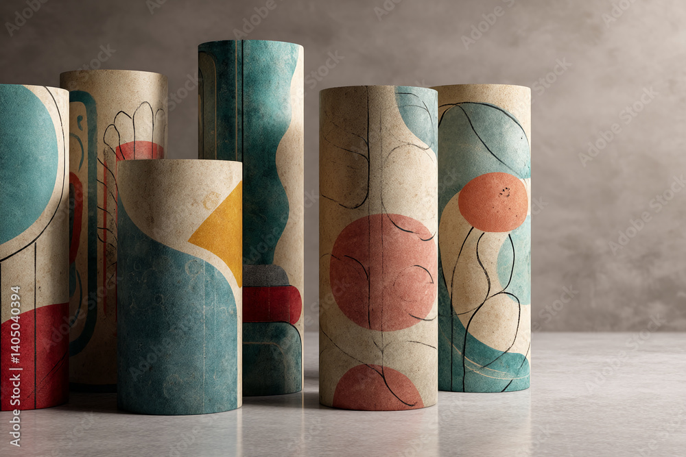 Poster abstract cylindrical shapes with painted patterns in teal, red, yellow and beige hues create a moder