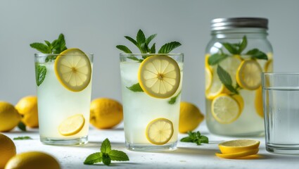 Lemon-infused detox water in a transparent glass on white backdrop.