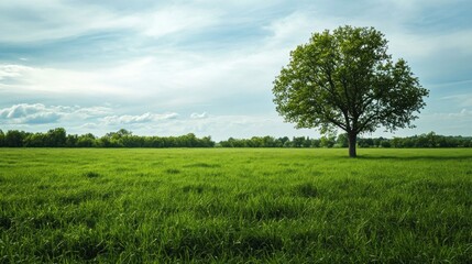 Serene green field with lone tree under a cloudy sky