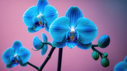 Stunning blue orchid bloom against a pink backdrop, close-up. Area for text