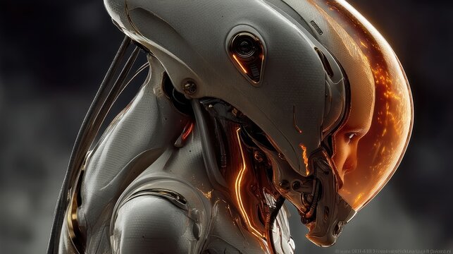 Hyper-realistic 3D render of a biomechanical feminine entity with metallic features and glowing orange eyes amidst dancing flames and embers, showcasing intricate armor design