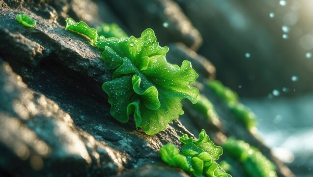 Detailed shot of ulva lactuca seaweed growing on rocks by the shore