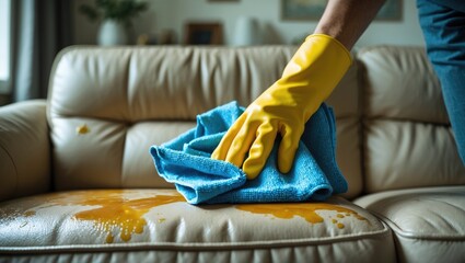Obraz premium Cleaning a leather couch at home using a damp cloth