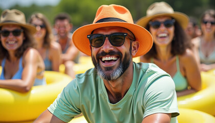 A man laughs. He is wearing a sage-colored T-shirt and an orange hat. He has dark sunglasses and a short dark beard and moustache. In the background there are people with yellow inflatable rings