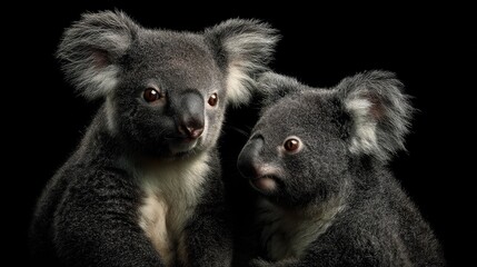 Naklejka premium Gentle koalas captured in striking detail on a rich black backdrop, showcasing their unique features and inquisitive expressions while highlighting their natural beauty