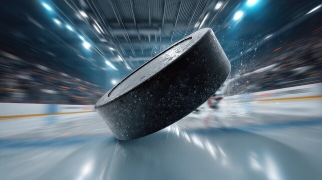 Dramatic flight of a hockey puck captured in a vintage arena atmosphere with vibrant ice reflections and motion blur