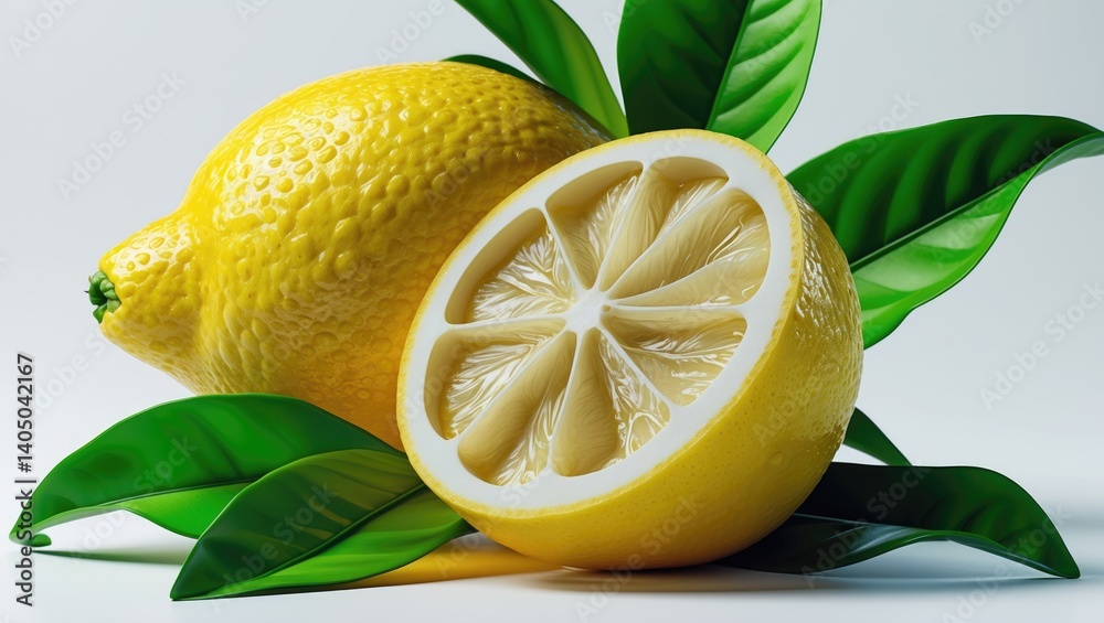 Poster lemon with a slice and green leaves set against a background. clipping path.