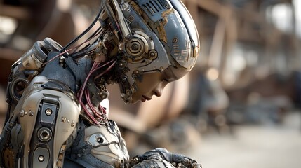 Fototapeta premium Futuristic cyborg warrior in gritty, industrial combat attire