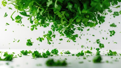 Obraz premium Top view of parsley leaves that have been chopped and isolated