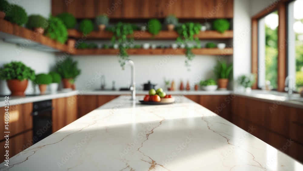 Poster Marble tabletop with a blurred background of open space. Kitchen design featuring large windows and a garden.
